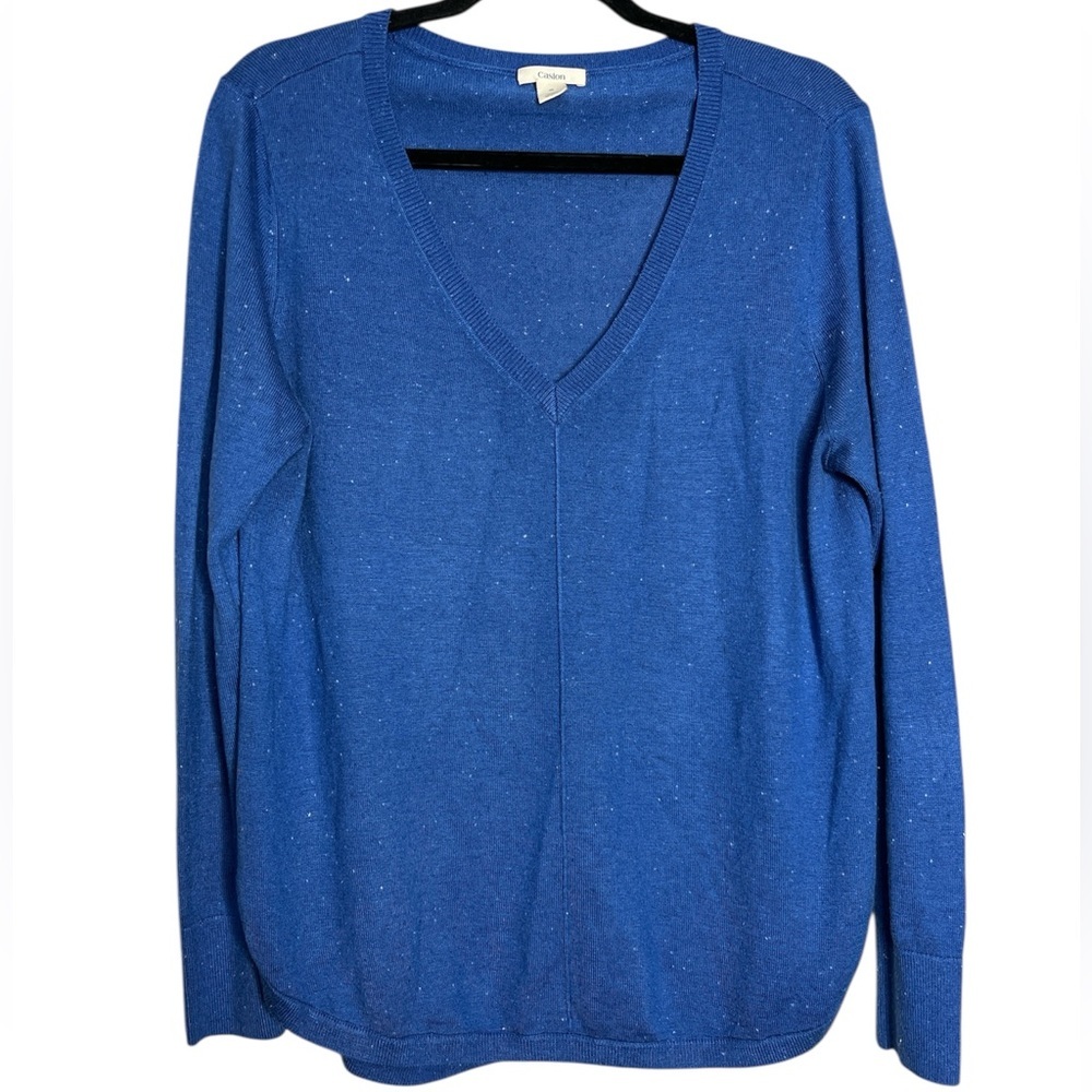 Caslon Blue Speckled V Neck Sweater Acrylic, Alpaca, Wool, size M